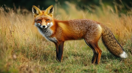Fototapeta premium A red fox hunting in a meadow at dusk.