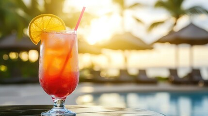 A refreshing tropical cocktail sitting on a table by the pool, with a sunny backdrop and beach umbrellas.