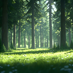 Fototapeta premium Sunlit Green Forest with Lush Meadow