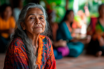 Obraz premium Elderly woman attending a spiritual retreat with friends