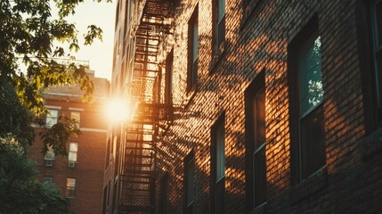 Fototapeta premium Sunlight Reflecting on Brick Wall with Fire Escape in Urban Setting