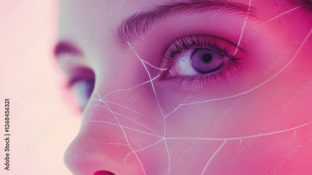 Aufkleber close up of a womans eye with an artistic cracked effect and vibrant pink background showcasing crea