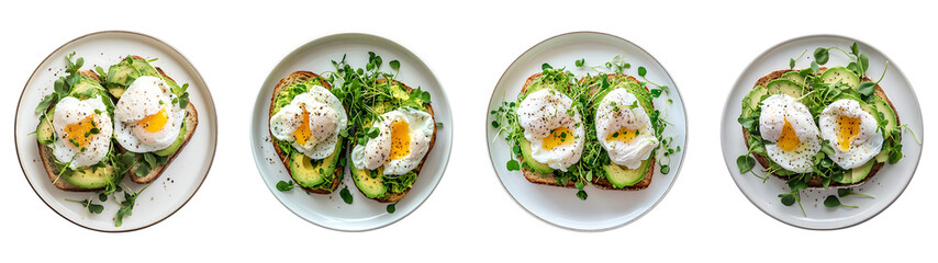 Set of avocado toast with poached eggs and microgreens isolated on transparent background, in PNG format, cut out