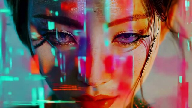 closeup of asian woman face computer glitch screen movement charts led graphs futuristic dimension vampire contacts blinking