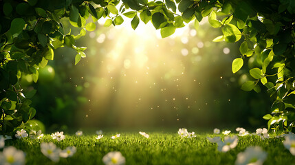 Obraz premium Sunlit Green Forest With White Flowers