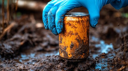 Obraz premium Restoring Neglected: Close-up of hands in blue latex gloves cleaning a rusted soda can in muddy patch
