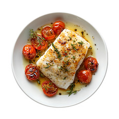 baked cod fillet with roasted cherry tomatoes and herbs isolated on transparent background, in PNG format, cut out