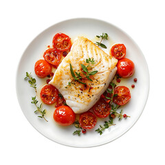 baked cod fillet with roasted cherry tomatoes and herbs isolated on transparent background, in PNG format, cut out