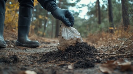Obraz premium Environmental Cleanup: Person in Black Work Gloves Removing Plastic Bag from Dirt Trail