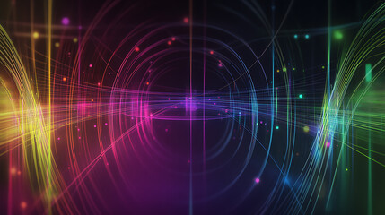 Vibrant Digital Data Flow Abstract Background with Concentric Geometric Elements and Colorful Dots