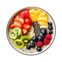 bowl of overnight oats topped with fresh fruit and chia seeds isolated on transparent background, in PNG format