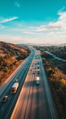 Scenic View of Busy Highway Surrounded by Hills and Clear Sky