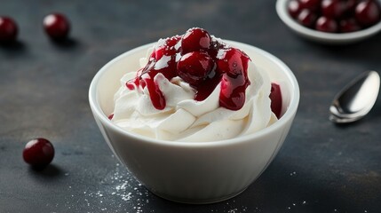 Food photography of a white bowl with whipped cream and cherry sauce, a realistic photo, on a dark grey background, with natural lighting.
