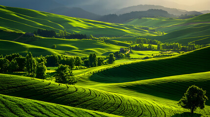 Fototapeta premium Sunlit Green Hills Landscape