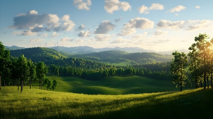 Fototapeta premium Sunlit Green Hills Landscape at Sunset