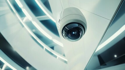 Fototapeta premium Modern Security Camera Hanging in a Futuristic Interior Space