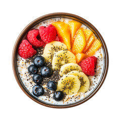 bowl of overnight oats topped with fresh fruit and chia seeds isolated on transparent background, in PNG format