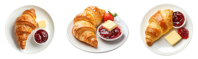 Set of buttery croissant served with strawberry jam and butter isolated on transparent background, in PNG format