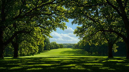 Fototapeta premium Sunlit Green Landscape with Trees and Path