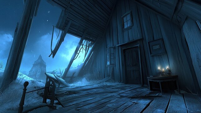 Damaged cabin porch, snowy night, village background, game asset