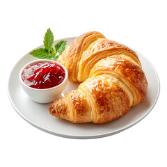 buttery croissant served with strawberry jam and butter isolated on transparent background, in PNG format, cut out