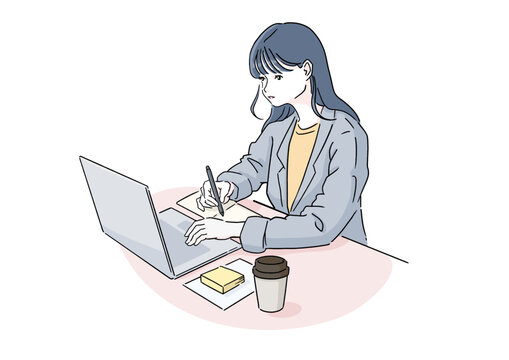 仕事・勉強に集中する女性 ノートPCとメモを使うビジネスパーソン