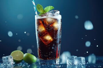 A refreshing glass of cola with ice cubes, mint leaves, and a straw, garnished with lime slices against a cool blue background. Ideal for beverage branding, advertising, and summer promotions