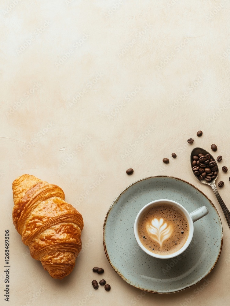 Poster enjoying a warm croissant and coffee with latte art on a cozy morning table setting. generative ai