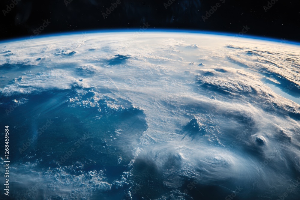 Poster Satellite view of Earth showcasing swirling clouds and oceanic features during a clear daytime. Generative AI