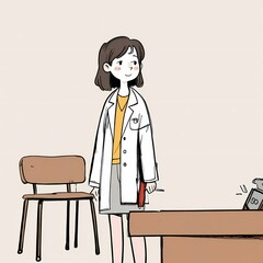 She is a doctor. She smiles warmly, She has long, straight hair pulled back into a ponytail. Her eyes are brown. She is dressed in white coat. She has a short to average height.