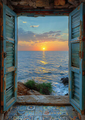 Warm and Inviting Summer Mediterranean Window Illustration with Vintage Charm, Perfect for Decorative Artwork or Home Accent Wall