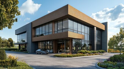 Fototapeta premium Modern Office Building with Glass Facade and Lush Surroundings