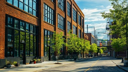 Urban Street Scene with Historic Brick Buildings and Green Trees