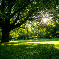Naklejka premium Sunlit Green Park Landscape with Large Tree