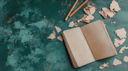 Open notebook, pencils, torn paper, teal background, creative process