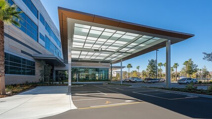 Obraz premium Modern Building Entrance with Canopy and Parking