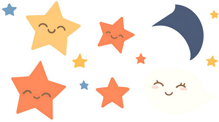 Whimsical Celestial Friends Stars Moon and Ghost Smiling Sweetly in Nighttime Sky Decoration