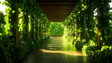 Sunlit Green Tunnel Pathway with Wooden Structure
