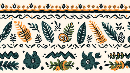 Whimsical Foliage Pattern with Ornamental Elements in Decorative Bordered Design Presentation