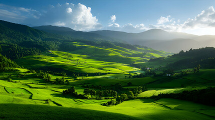 Obraz premium Sunlit Green Valley Landscape with Terraced Hills