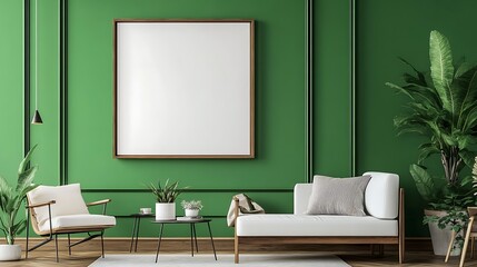 Green wall interior design with sofa, chairs, plants, and blank canvas.
