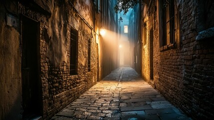 Mysterious Alleyway with Soft Light and Fog in Historic Setting