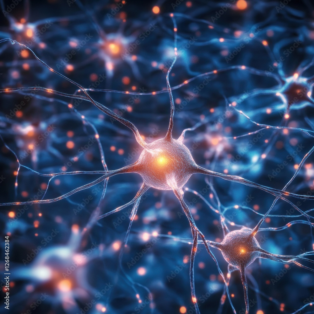 Poster neurons communicating in a vibrant scientific illustration showcasing intricate neural connections a