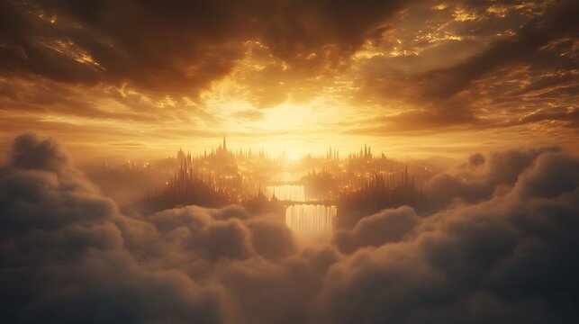 A stunning image of a golden city floating among clouds, evoking a sense of wonder and fantasy.