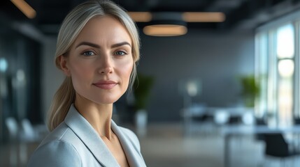 Fototapeta premium Confident Businesswoman in Modern Office Setting with Natural Light