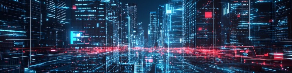 Obraz premium Futuristic Cityscape Illuminated With Digital Data Streams