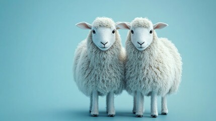 Fototapeta premium Two fluffy sheep against a vibrant turquoise background, perfect for Islamic holiday designs like Eid al-Adha, adding a playful and charming touch to promotions.