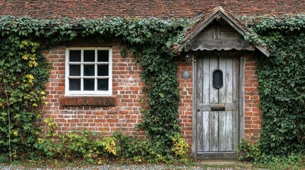 Rustic Brick Cottage with Ivy-Hidden Door and Wooden Accent