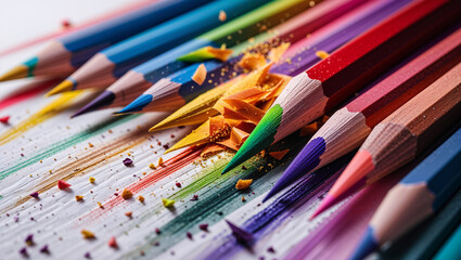 Colorful sharpened pencils arranged in a scattered artistic composition highlighting their vibrant tones and creative appeal