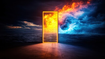 Silhouette of a person standing near a glowing doorway leading to a new world at dusk